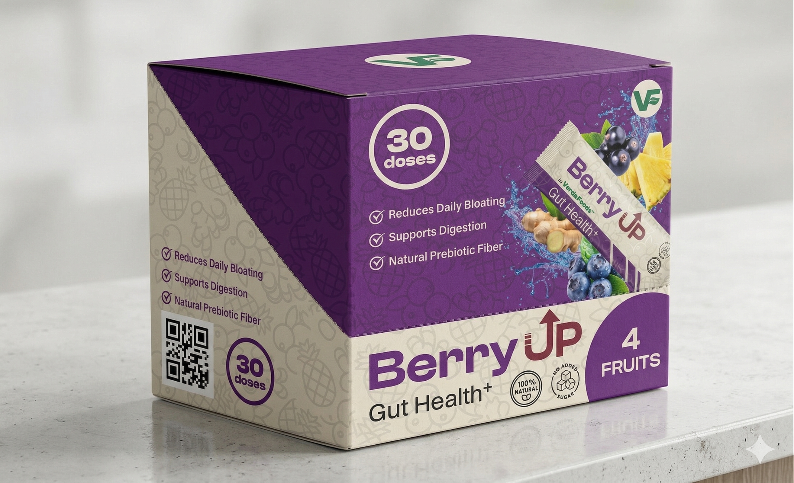 Box of Berry Up gut health product on a gray surface with a light gray background